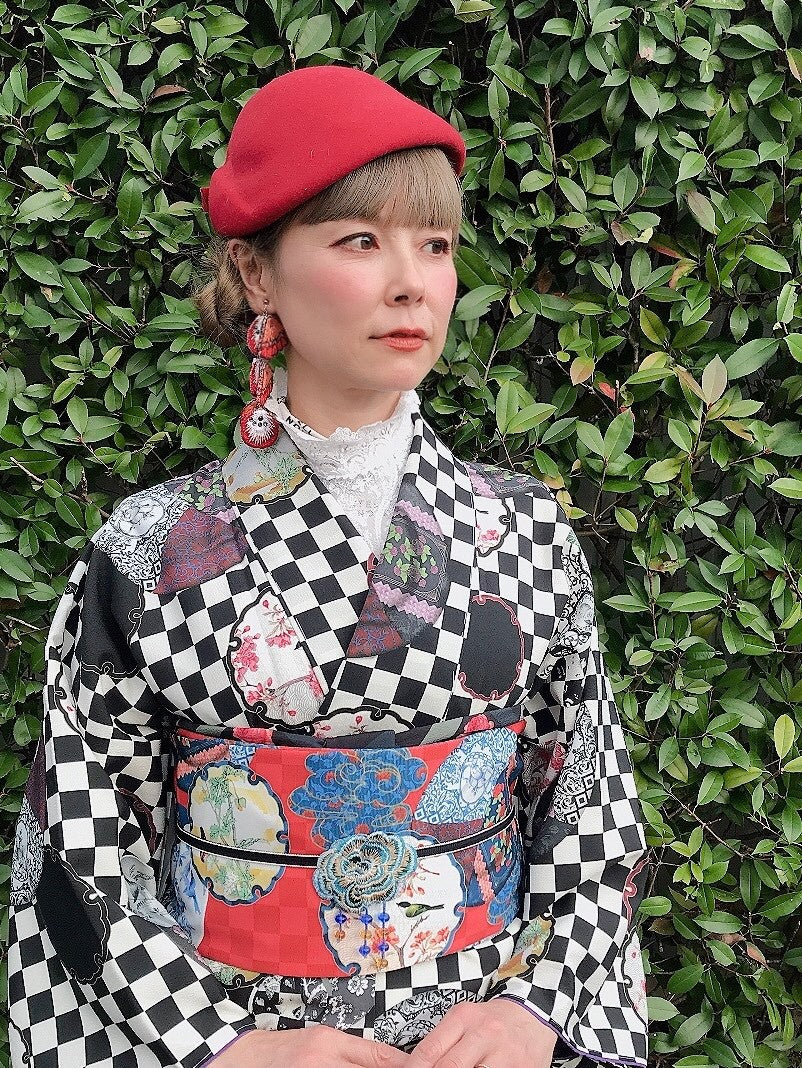 04 反物 /セオアルファ【呼び継ぎされたお皿とチェック】白黒と青磁