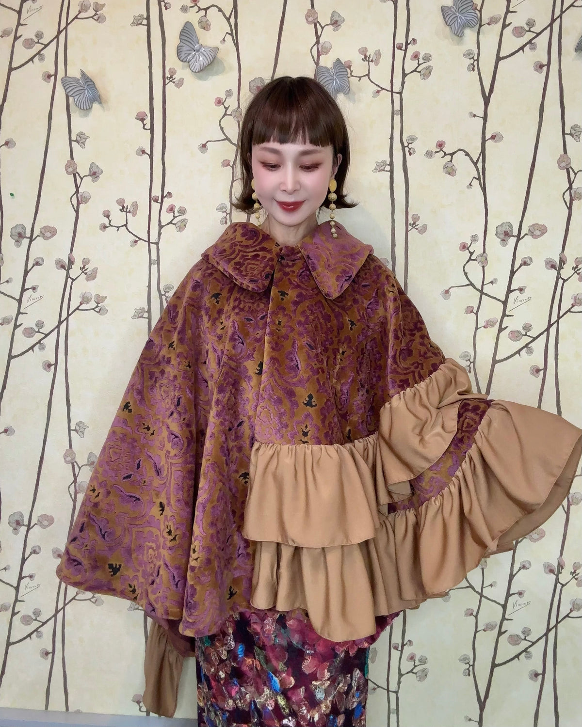 A 【金華山ジャガード】フリルポンチョ  camel/受注