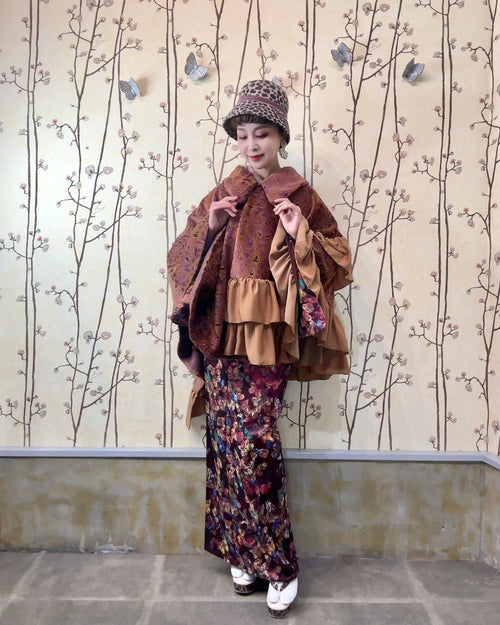 A 【金華山ジャガード】フリルポンチョ  camel/受注